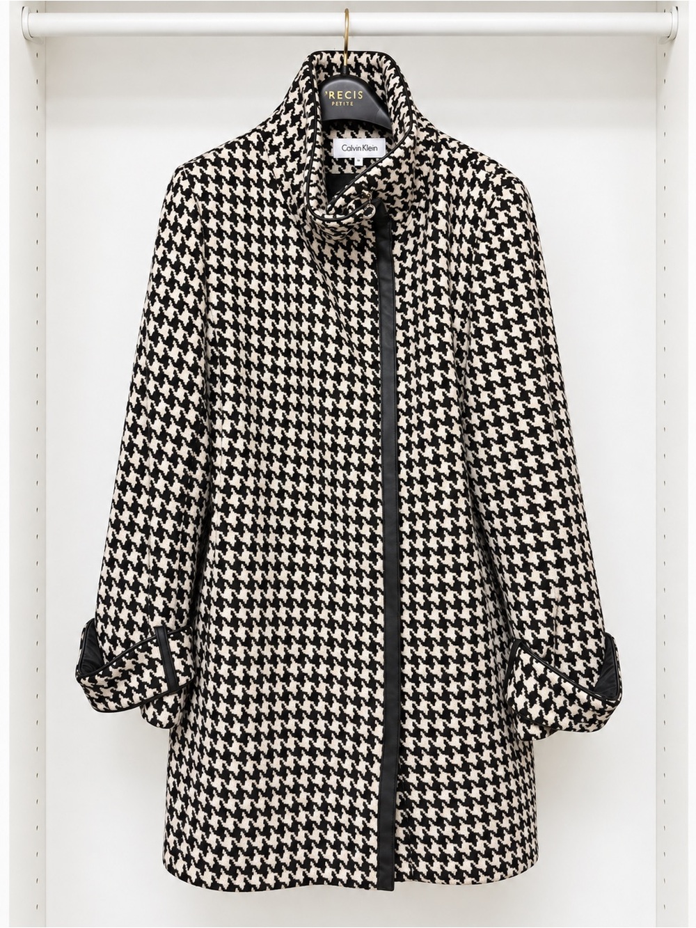 Calvin Klein Houndstooth Coat Black Cream Faux Leather Trim Size 16